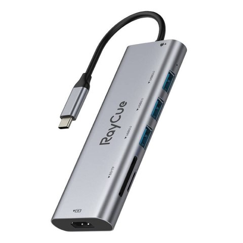 RayCue Hub 7w1 RayCue USB-C do 3x USB-A 3.0 5Gbps + SD/TF 3.0 + HDMI 4K30Hz + PD 3.0 100W (szary)