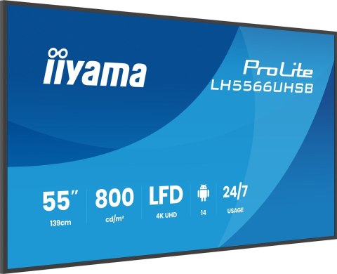 Iiyama LH5566UHSB-B1AG signage display Płaski panel Digital Signage 139,7 cm (55") LCD Wi-Fi 800 cd/m2 4K Ultra HD Czarny Proces