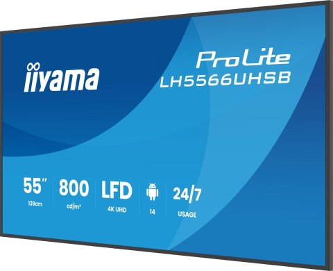 Iiyama LH5566UHSB-B1AG signage display Płaski panel Digital Signage 139,7 cm (55") LCD Wi-Fi 800 cd/m2 4K Ultra HD Czarny Proces