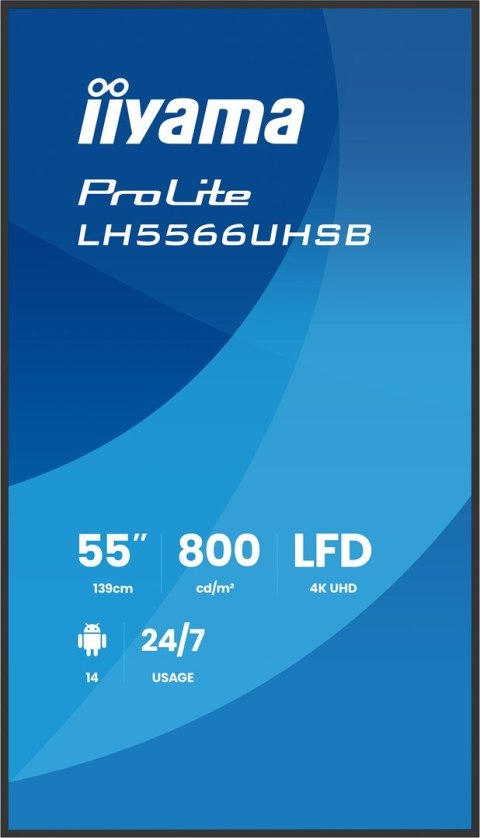 Iiyama LH5566UHSB-B1AG signage display Płaski panel Digital Signage 139,7 cm (55") LCD Wi-Fi 800 cd/m2 4K Ultra HD Czarny Proces