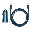 Baseus Ładowarka samochodowa Baseus Golden Contactor Pro, USB + USB-C, QC4.0+, PD, SCP, 40W (niebieska) + kabel USB-C do Lightning 1m (